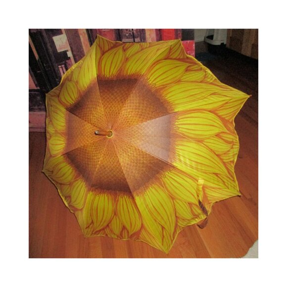 Vintage 90's Salamander Sunflower Print Umbrella w/Wooden Handle & Brass Tip - Picture 2 of 9